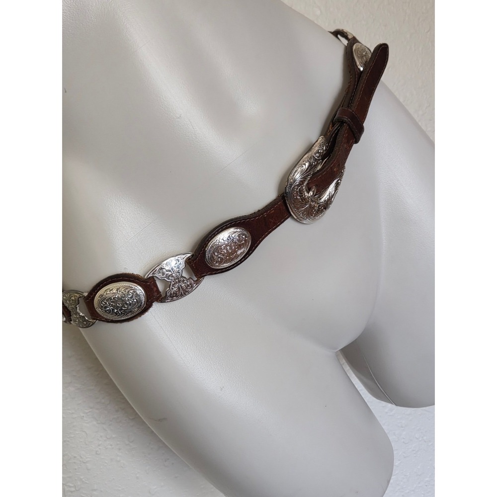 Vintage Brown Leather Western Concho Belt Silver Engraved Floral Boho Womens 34